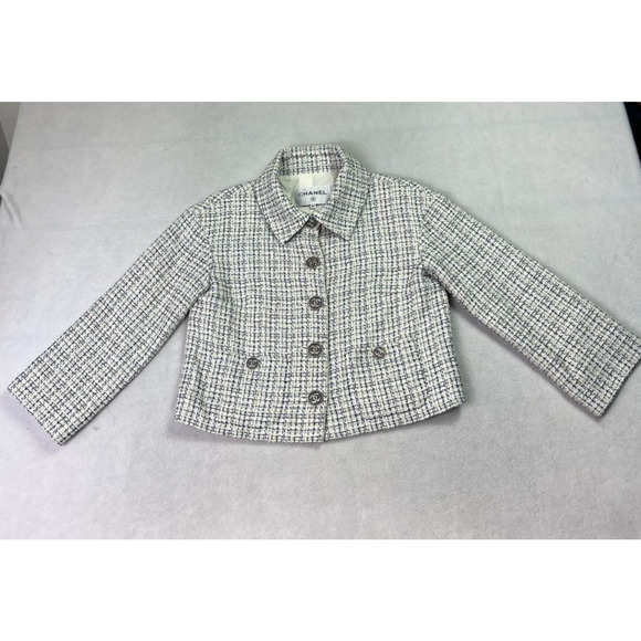 Chanel Tweed Jacket Women's 34 White & Blue Silk Blend Lining - Picture 2 of 15